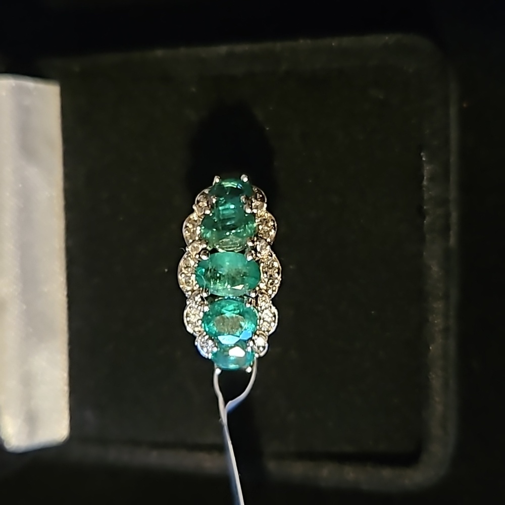 AAA Kagem Zambian Intense Green Emerald and White Zircon Ring